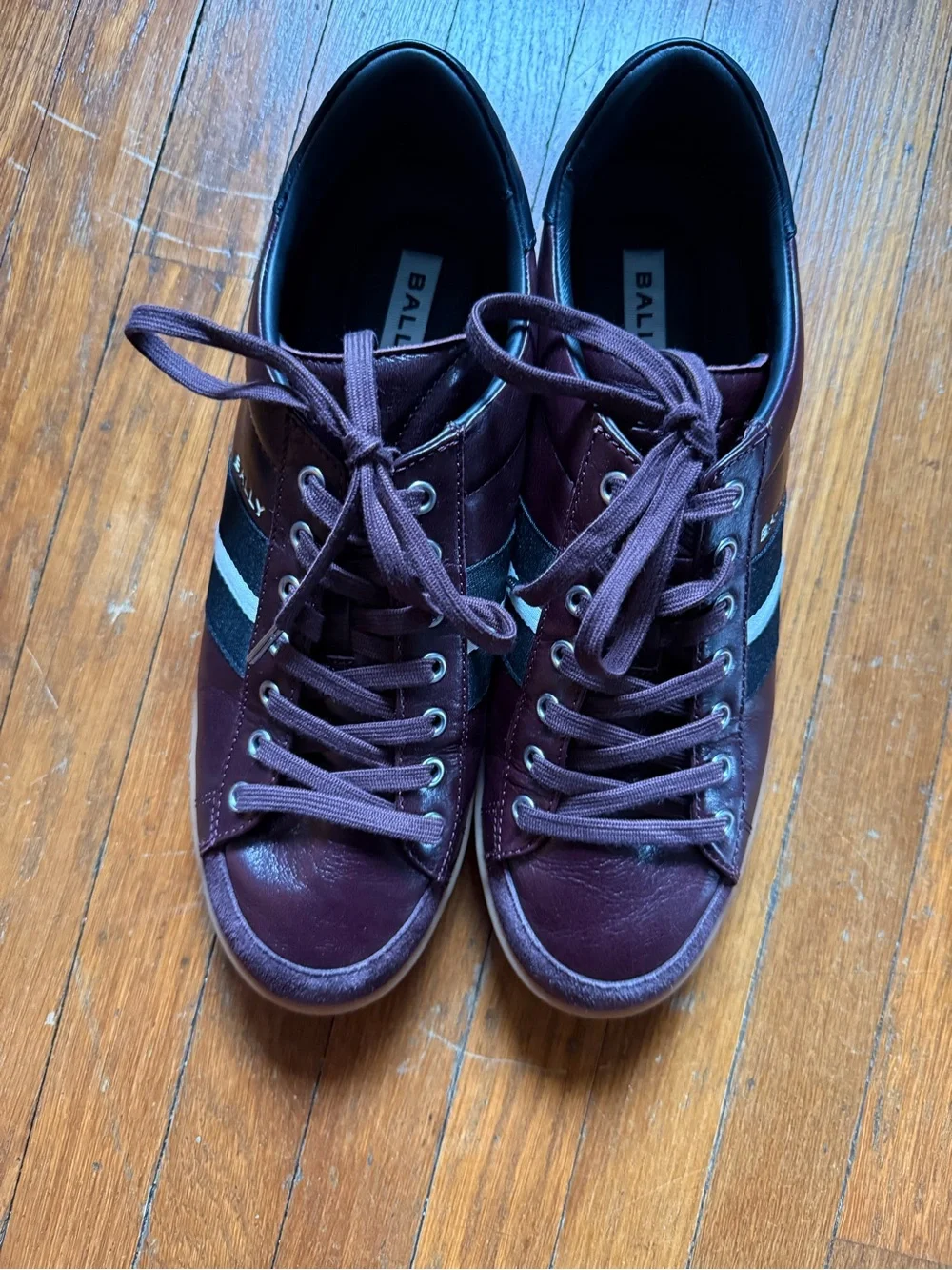 Bally Men's Burgundy and Black Leather Sneakers with Cream Stripe